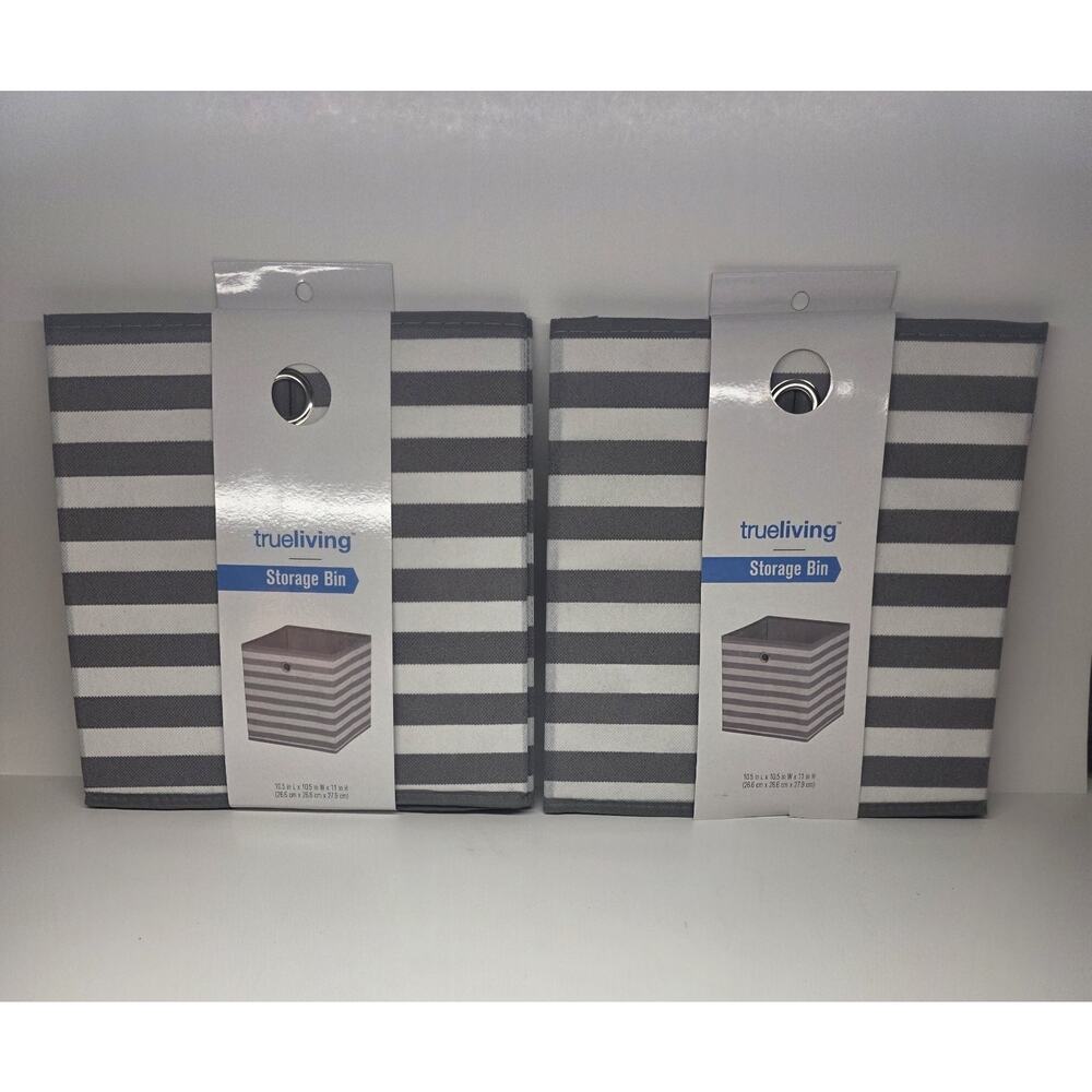 Trueliving Large Fabric Storage Bin 10.5” x 10.5” x 11” Gray/White Stripe 2 Pack